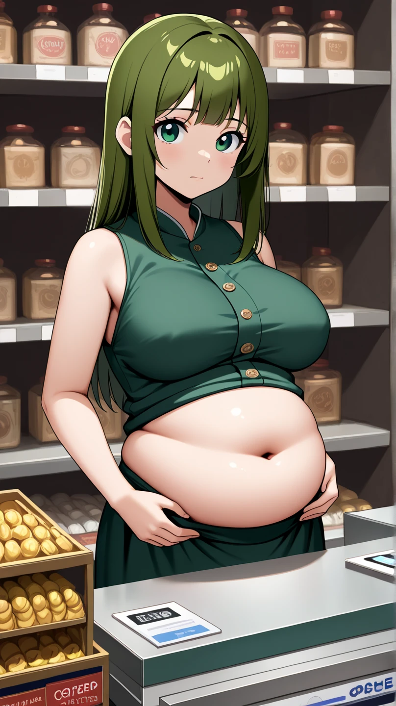 (best quality,4k,8k,highres,masterpiece:1.2),ultra-detailed,detailed hair,medieval style,long dress,woman with detailed hair,woman in medieval style,long dress,fantasy,portrait,medieval-inspired art,vibrant colors,soft lighting, dark green hair, short hair, green eyes, vore, gigantic belly, fart, gigantic fart, ((big belly)),open mouth, ((((green gas, burping, burp, fart))))