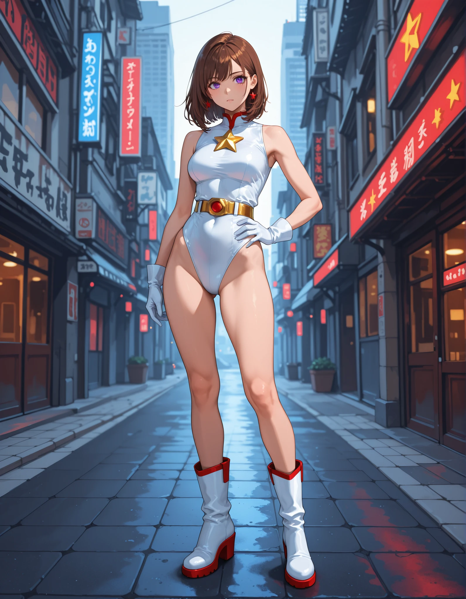 ((masterpiece)). ((best quality)), ((highres)), 1girl, solo, short hair, brown hair, purple eyes, (full body), standing, hands on hip, (sleeveless white and red leotard with yellow accents and star emblem embedded in chest area), (matching white gloves), ((bare legs)), superhero, tokyo city backdrop, matching boots, medium breasts, 20 age,