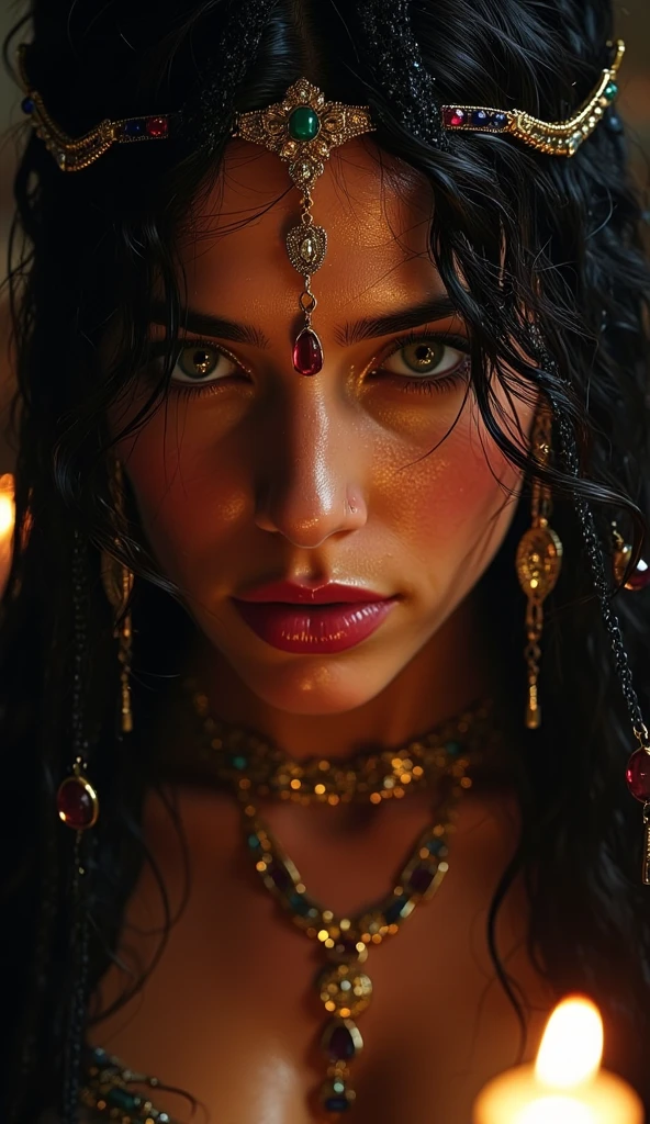 Masterpiece, realistic, photorealistic, 1girl, hyperrealistic, detailed face, beautiful detailed eyes, beautiful detailed lips, extremely detailed skin, long eyelashes, intricate details, cinematic lighting, dramatic lighting, color palette, chiaroscuro, oil painting, digital art, concept art, 8k, high resolution, ultra Detailed(🔥 Hot, 🛢️ day Indian women as witch (lustful ), strong Beautiful curvy full body, beautiful face,Indian milf showing (gigantic cleavage and saggy gigantic breast:1.2),( hard eject nipples), (Soaked in sweat:1.1), erotic, seducing:1.2,, sexy facial expressions , (erotic of witch clothes mediaeval outfits),,valley, breastfeeding, ,( romantic cinematic), professional,(witch background