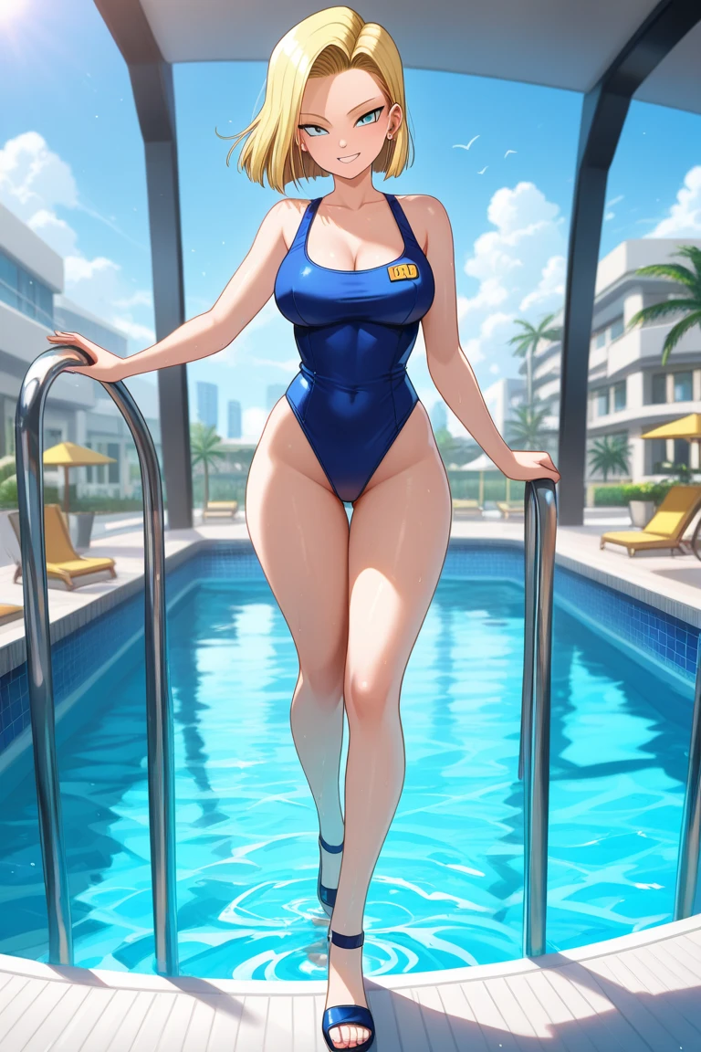 ((((ultra illustrated style, Pink one-piece swimsuit:1.0)))),Best quality,best animation,Masterpiece,Ray tracing, Global illumination,See-through,Head,1girll, Solo, view the viewer, standing, Outdoors, full bodyesbian,pink thighhighs,Pink high heels