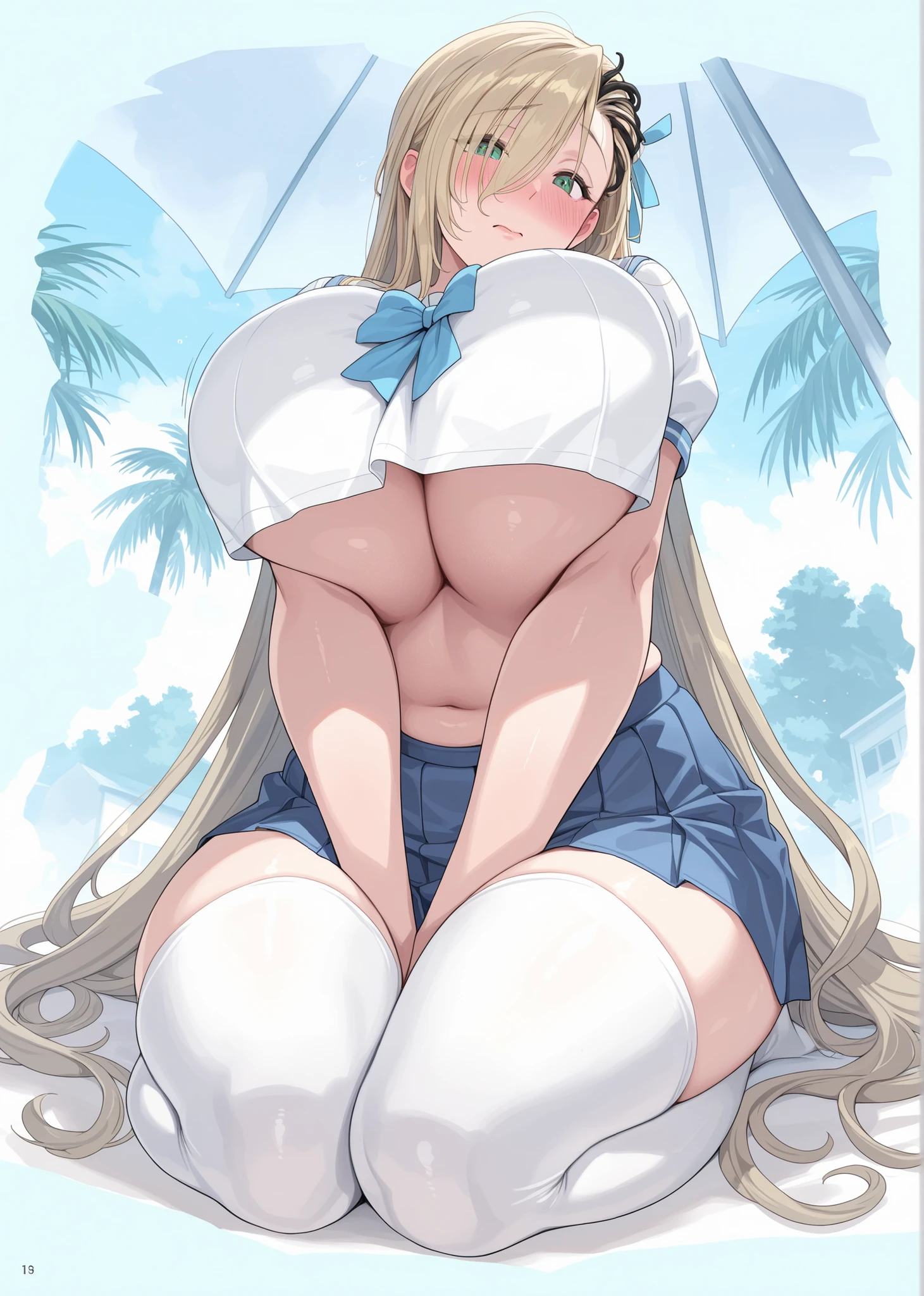 (2000's style, anime screencap, cel shading, clean brush stroke, highly detailed, NSFW, perfect anatomy, high-definition picture), open air, outdoor background, public indecency, exhibitionism (vaginal on vibrator:0.0), full body, 1girl (Solo:1.5), eyebrows visible through hair, blonde long hair, butterfly hair ornament, blue eyes, look at viewer (caring look:1.5) (vulgarity:0.0), smile, soft brush, open mouth (stick out tongue:0.0), (mouth drool:0.0), mature body, full body (completely nude:1.5), skinny arms, (female armpits hair:0.0), (heart hand:1.5), gigantic breasts (alternate breast size:1.5), natural saggy tits (long tits:1.5), wide areolae (ebony areolae:1.5), highly detailed areolae (glands of montgomery:1.5), puffy nipples (inverted nipples:1.5), navel, narrow waist, small ass, pussy (female pubic hair:0.0), narrow thighs, skinny legs, squatting (spread legs:1.2), clitoris, kneepits, tiptoes, no shoes, Sena Kashiwazaki,