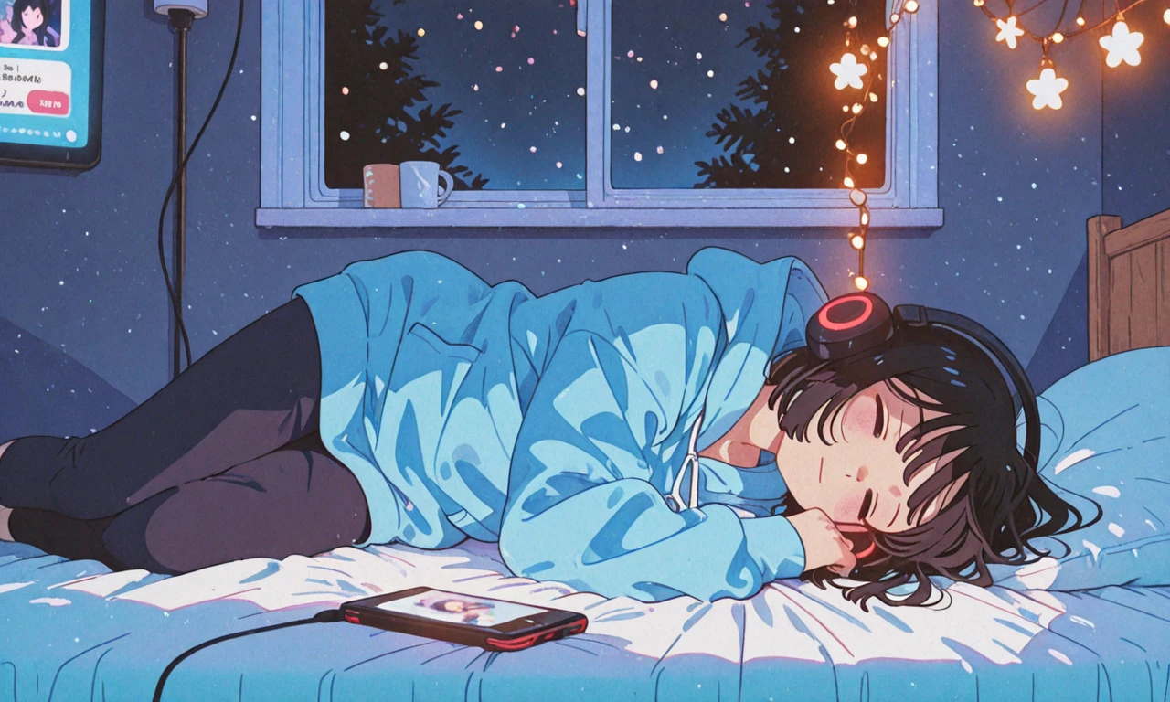 anime-style hand-drawn illustration, a relaxed woman with long wavy black hair wearing over-ear headphones, lying on her bed in a dimly lit room at night, cozy in an oversized hoodie and leggings, fairy lights softly glowing above, phone screen glowing nearby, blank relaxed expression, zoning out, outside the window snow quietly falls, lo-fi anime mood, dreamy and introspective, watercolor texture and cinematic lighting, Ghibli/Shinkai-inspired