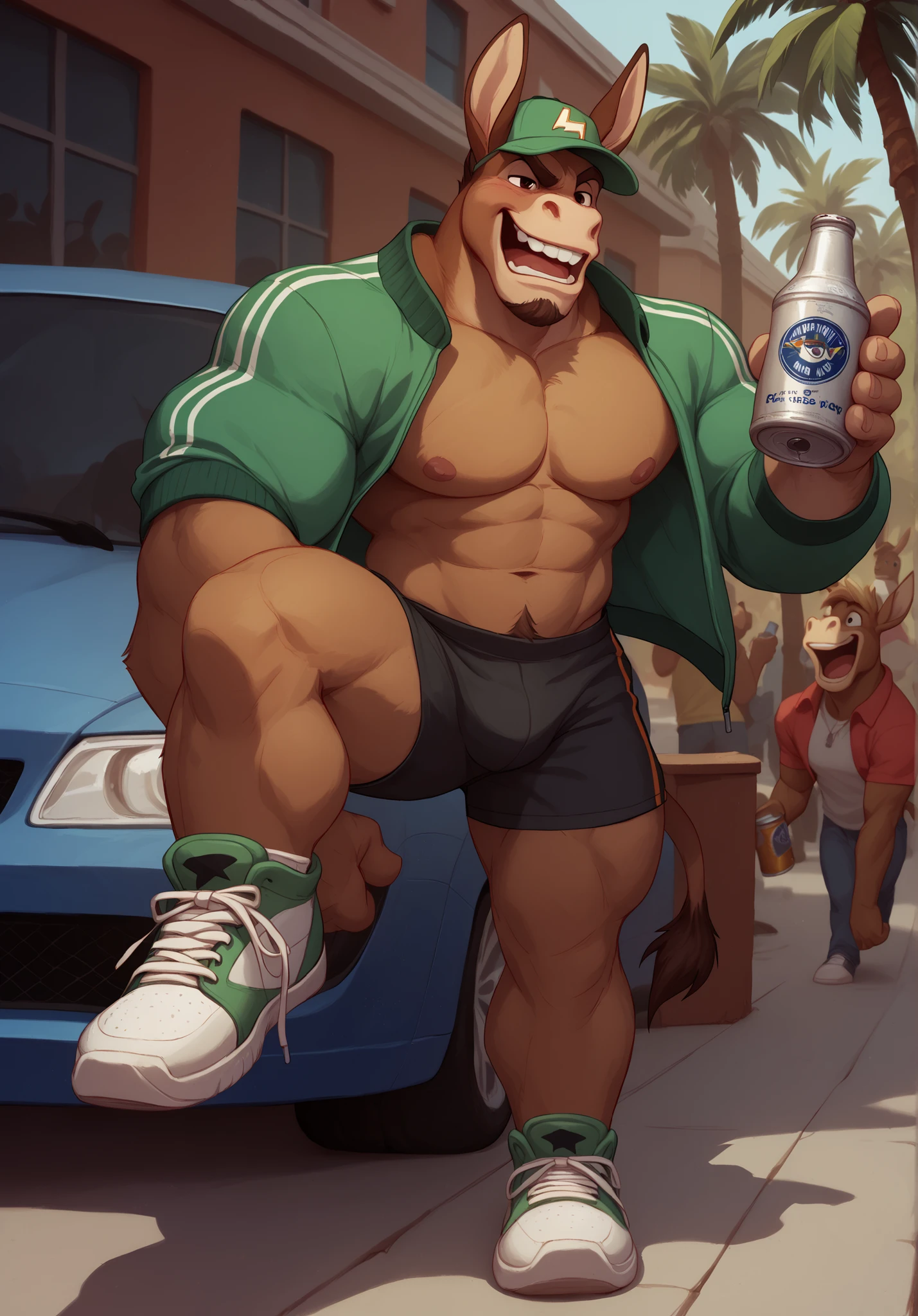 Wolfstar is a drunk letterman jacket wearing fraternity donkey himbo who spends his day braying and partying at the donk frat house! masterpiece, best quality, amazing quality, solo, 1boy, null-ghost, Wolfstar from visual novel "Wolfstar: Sins and Paradise". Wolfstar has short spiky blonde hair with small pony tail, donkey, perfect brown eyes, big teeth, donkey ears, donkey tail, Head and pectorals focus. Masculine, buff, broad shoulders, brown fur, dumb, I.Q down, stupid, fool, light brown highlights, brown goatee, "Donk U" cap, no defects, no watermarks, perfect eyes, 5 fingers, perfect hands, sneakers, holding donkey beer bottle. Afternoon at the party frat house background, crowded scene, 10+ characters all donkey men college furries, stereo system, deejay, beer cans, beer pong, book shelves, campus view, palm trees, cars, music, food stands.