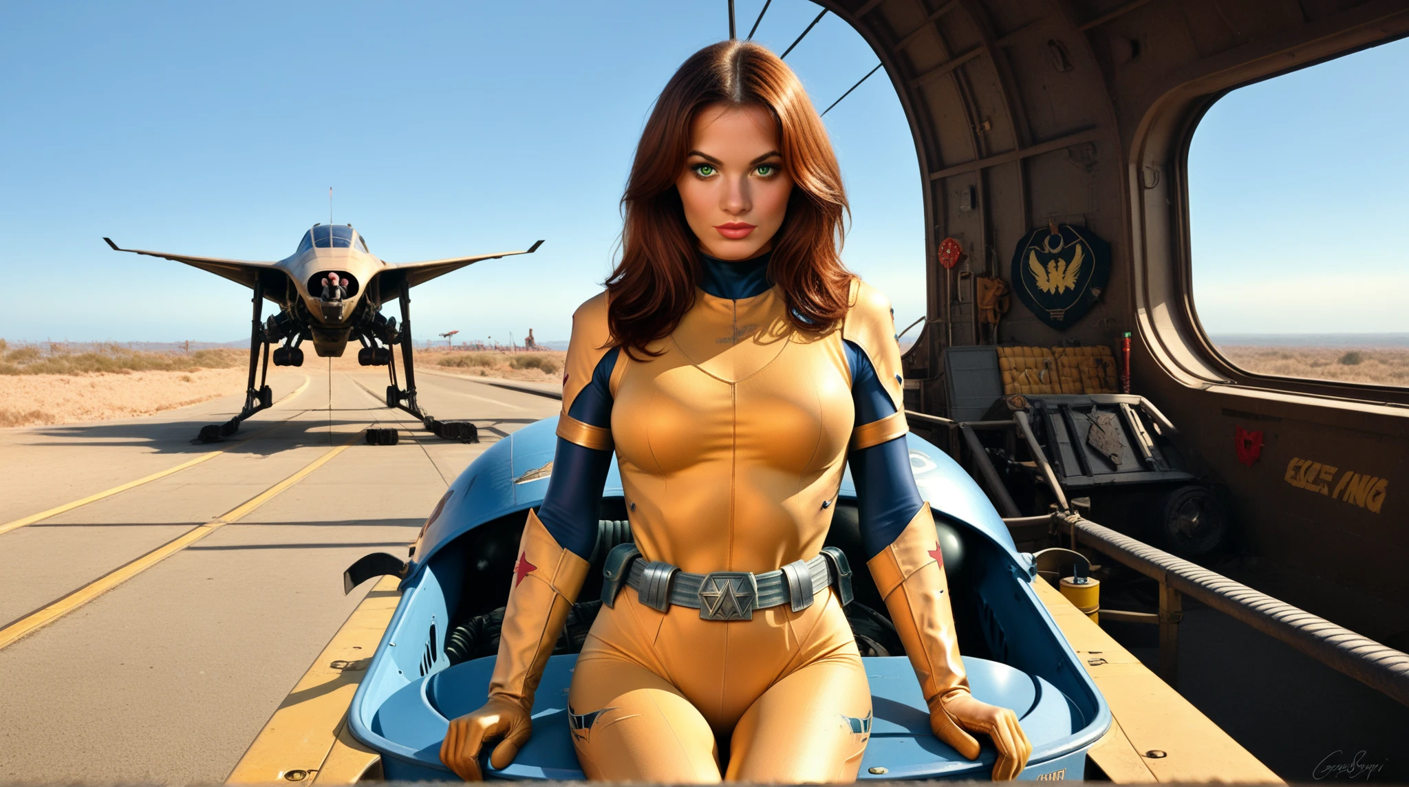 (best quality,4k,highres,masterpiece:1.2),ultra-detailed,(realistic,photorealistic,photo-realistic:1.37),illustration,er Voltron red lion,pilot outfit,sexy,high tech,cute woman,cockpit,near a volcano,metallic textures,fiery reds,smoke,hot temperatures,expertly crafted suit,intense lighting,emerging steam,commanding presence,shiny surfaces,detailed buttons,glowing monitors,adrenaline rush,levers and knobs,natural backlighting,distorted heatwaves,digital displays,highly detailed cockpit controls,exhaust vents,contrast with the rugged volcano,reflective surfaces