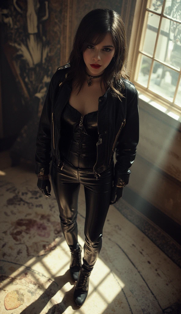 (hight resolution,Masterpiece:1.2),Ultra-detailed,Portrait,Girl in leather clothes before torture,high heels boots,Vulnerability,Complacency,sharp lighting,Dark atmosphere,Rough texture,expressive eyes,lips pursed,surreal,Distorted perspective,Contrasting colors,Dramatic shadows,ominous vibe,haunting,macabre,emotionally charged