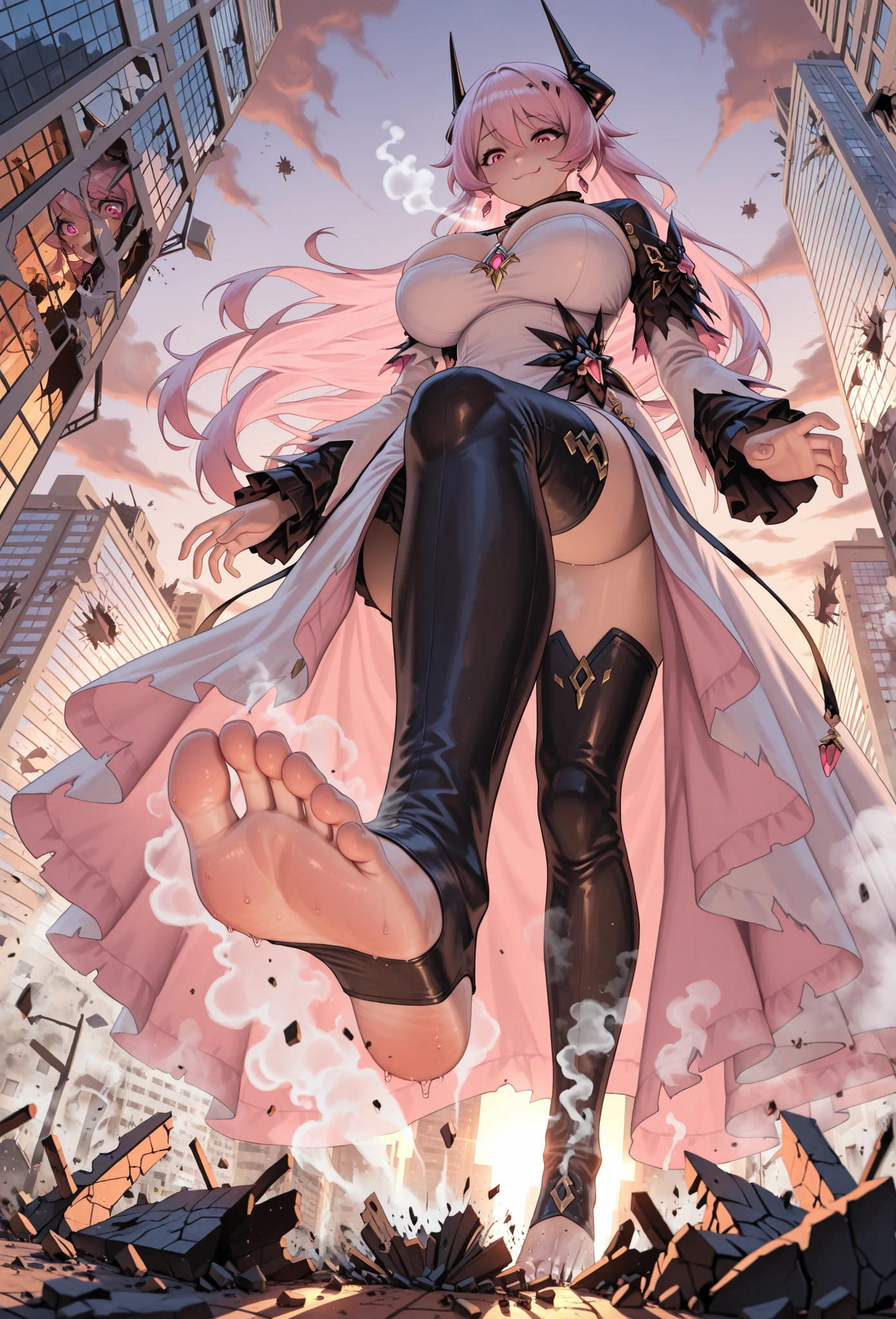 In the heart of a bustling downtown area, the Giantess Goddess with silver skin and ruby red eyes strides among the skyscrapers. Her hair, a cascade of silver strands, glints in the sunlight. Normal-sized office workers scatter, but many are caught and crushed underfoot. She gathers up the survivors, pressing them against her silver curves, their struggles fueling her pleasure.