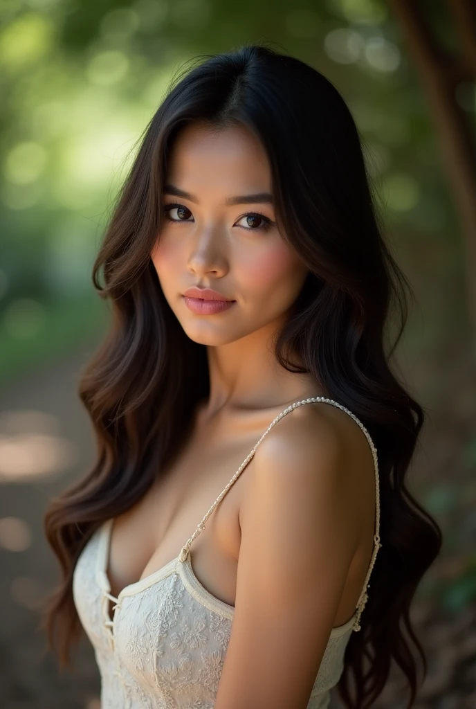 a brunette woman ((smooth hair)) with light brown roots, ((sans maquillage)) luscious lips, pale bronzed skin