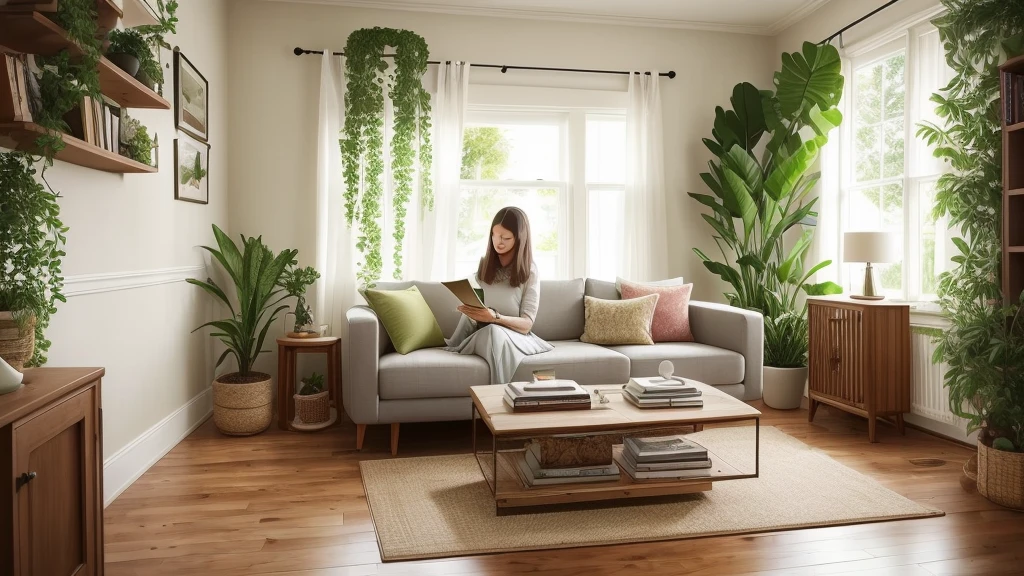 It is a spacious and sparse penthouse,A woman in casual clothes sits on a sofa,The comfortable beige sofa has two bohemian pillows,On one wall hangs a modern stylized oil painting,There are several pots of greenery on the balcony on the right