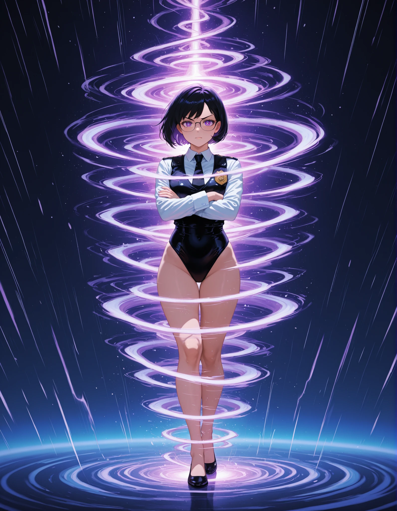 (extremely detailed fine touch:1.3), 1 giril, nude,cover up one's chest,(((under-rimmed glasses:1.3))), (headphones:1.3),front shot, a magical girl who once saved the world, now in the core of a nuclear fusion reactor, her whole body connected to machines with cables and tubes, half of her body submerged in water of blue light, deep sleep and expression of agony, flexible cable hanging from the ceiling, dark blue hair, straight short bob.