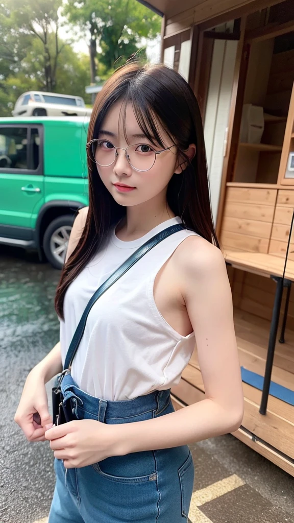 (masterpiece, Highest quality, It captures a very cute moment, Depth of written boundary, Super detailed, Ultra-high resolution, C4D, Octadale, 3D Modeling,Realistic human photos、 8K, 16K, One Girl,Middle school students, Small breasts,Black Hair,short hair,Straight Hair,Light brown eyes,White headband,Wearing black glasses,Cute face), Bloomers, Black tank top, zettai ryouiki, Wet clothes,Classroom Nights,Moonlight, Good elevator, Take off、Real-life skin、Not an anime、Realistic、Not an illustration