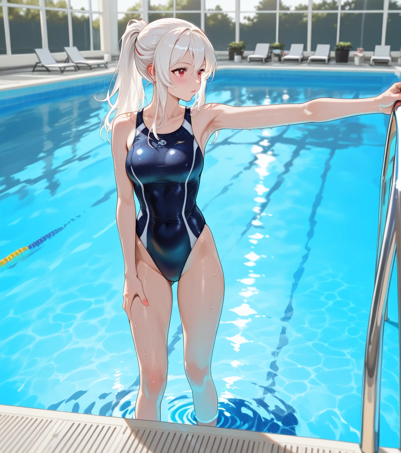 NSFW , (Highest quality:1.5, High resolution, 4K, Detailed lighting, Shaders), Illyasviel von Einzbern alone, Cowboy Shot,Long Hair, Gray Hair, Red eyes, ((Swimsuit))++ M-shaped foot Sexy Looks Seductive gestures atmosphere Super blushing Realistic beautiful swimming pool
