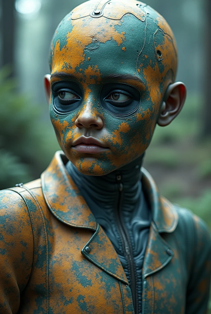 intricate full body portrait of little 9 year old girl Alfie, ((bold)), ((no hair)), little girl from the Creator movie, almost bold, mixed asian caucasian heritage, looking straight at the camera, in the forest, epic, wearing clothes from Rogue 1 movie, trending on artstation, by artgerm, h. r. giger and beksinski, highly detailed, cyberpunk, cyborg, vibrant, production cinematic character render, cyberpunk, ultra high quality model, oil painting, heavy strokes, paint dripping, trending in artstation, cinematic lighting, studio quality, smooth render, unreal engine 5 rendered, octane rendered, art by hajime sorayama h 6 4 0 milo manara boris vallejo