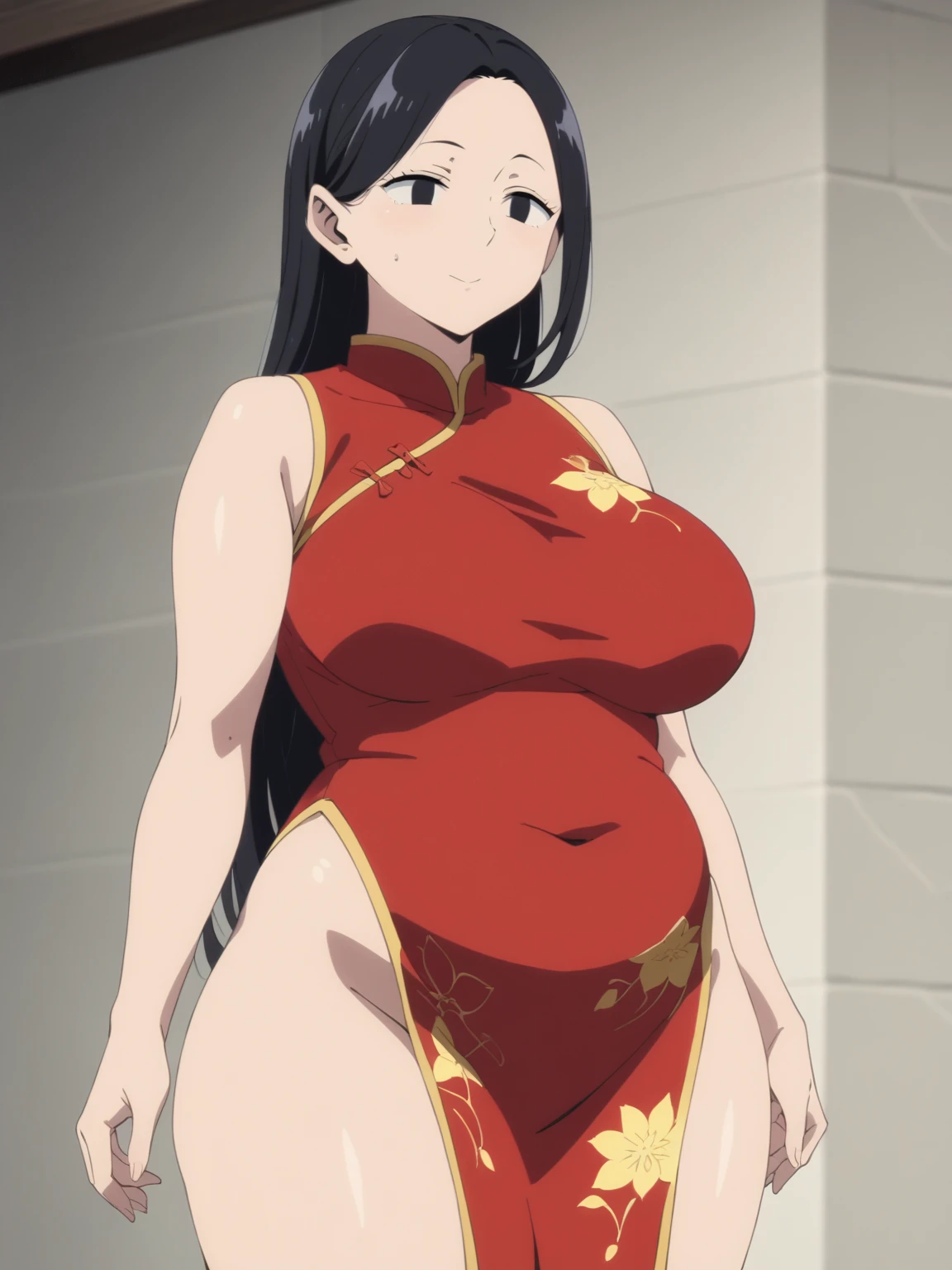 Red Chinese dress,boobs,armpit,sweat,pussy,home,smiling,