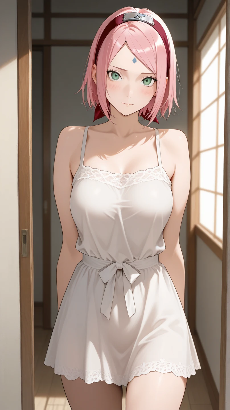 masterpiece, best quality, movie still, 1girl solo, female focus, looking at viewer, smiling, upper body, depth of field, (watercolor illustration, soft pastel colors:1.1), realistic, pink hair, white eyes, naked, perky small breasts