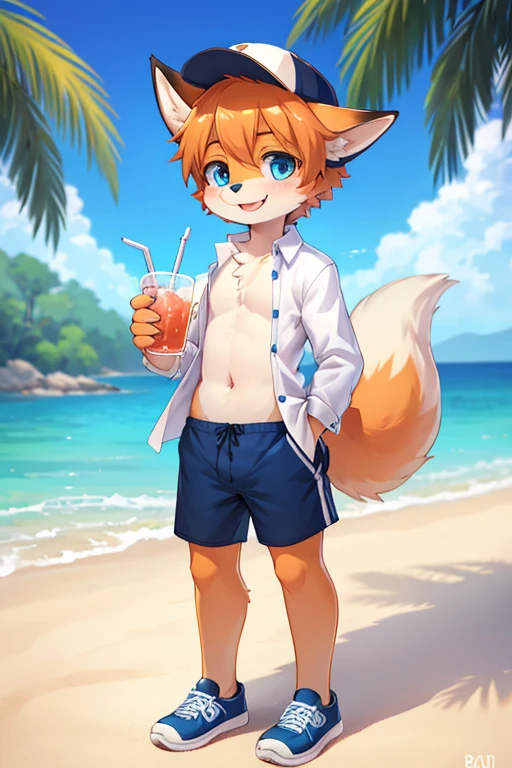 Fox boy 12-14 years old on the beach. He wear crop top and black underpants, he eat ice cream. 