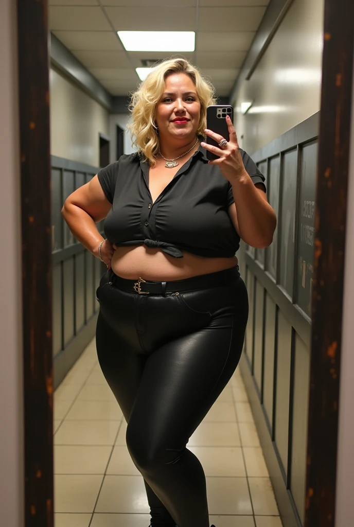 Fat woman, 40 years old white Caucasian woman, big hips, trick thighs, busty cleavage, fancy dressed for a party, jacket, shirt, pants, necklace, earrings, public bathroom, MILF, long straight blonde hair, make-up, lipstick, serious, chubby, bbw, casual pose