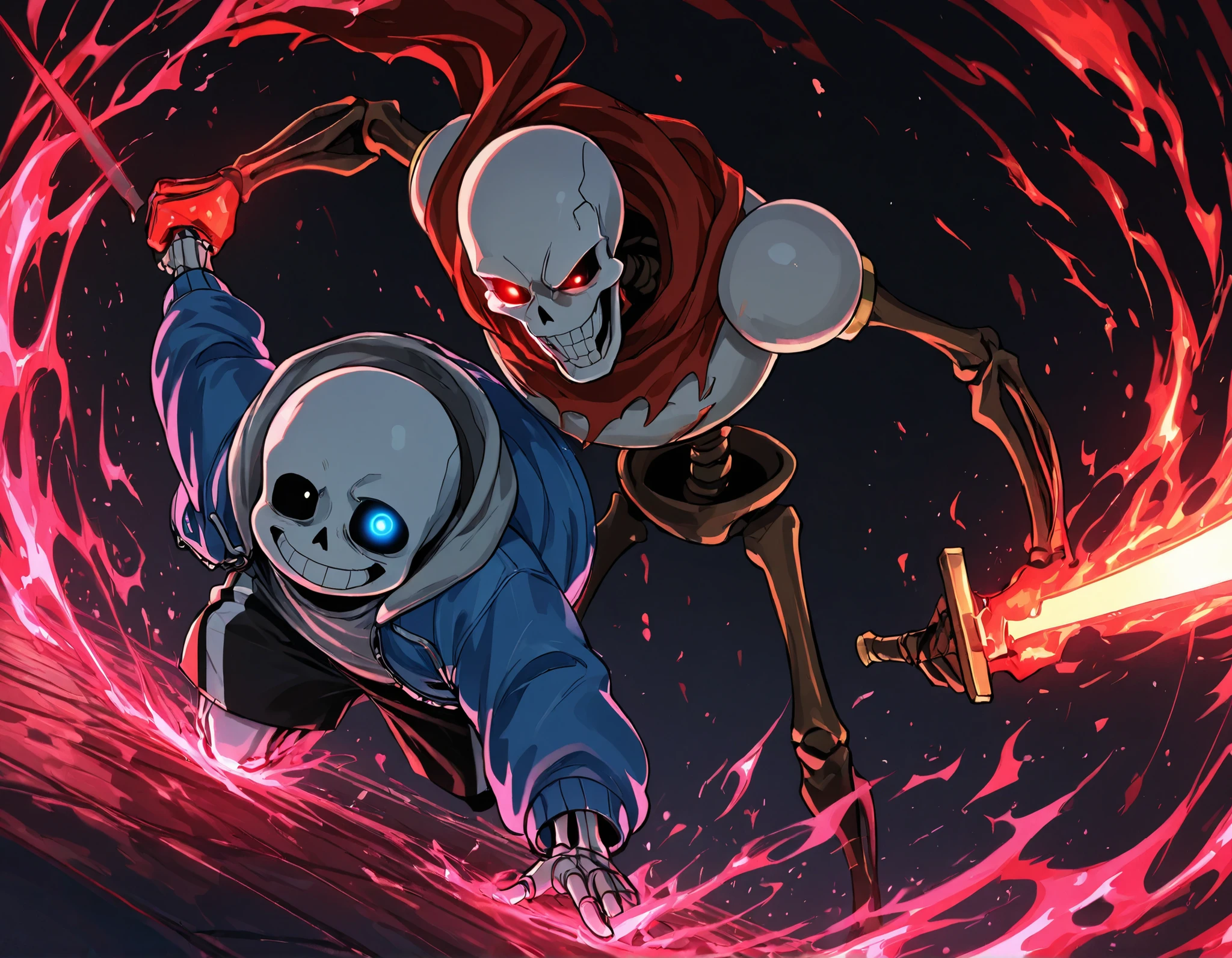 2boys, multiple boys, sans_(undertale), blue eye, glowing eye, grin, smie, skeleton, teeth, holding, holding_weapon, holding_sword, dragging, dynamic pose. BREAK papyrus_(undertale), red eye, glowing eye, skeleton, smile, teeth, magic aura, flaming hands, dynamic pose. BREAK blood_stain, pool_of_blood, black_background, horror_(theme), dynamic_angle, masterpiece, best quality, highly detailed, ultra-detailed, sharp focus, detailed eyes, vibrant colors, rich lighting, dynamic composition, cinematic lighting, anatomically correct, perfect anatomy, beautiful face, soft lighting, vibrant colors, rich lighting, dynamic composition