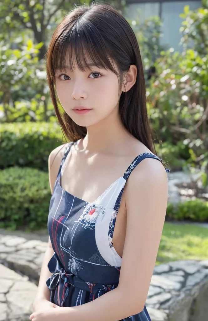 Long black hair、Cute Japanese Woman、Wearing a one-piece dress、whole body、Perfect Face