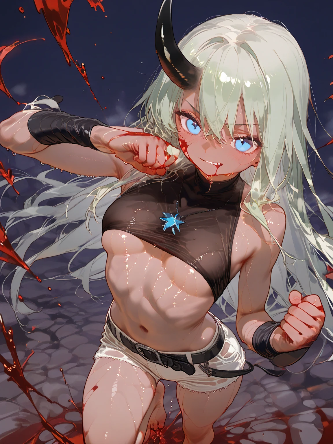 Naked, without clothes, bandage, shackled, pumped body, white hair, bunny ears, red eyes, angry face, wet skin, tanned skin, forest, sun, woman, solo, Bottom view