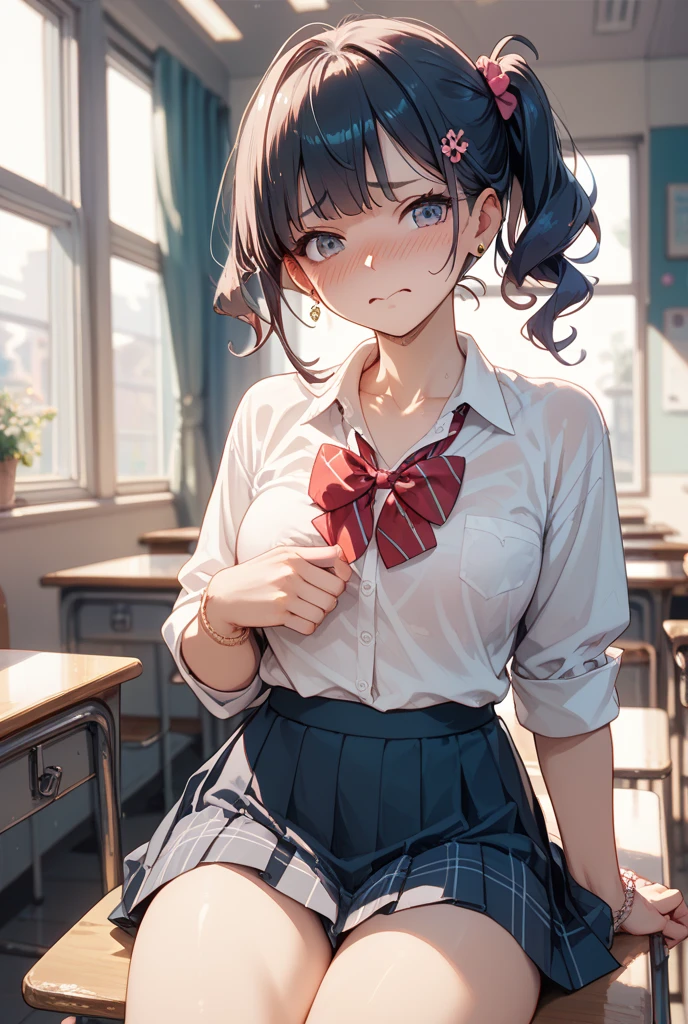 (1 person、solo), Beautiful woman, (High definition beautiful black eyes)、Anatomically perfect body, (Slender)、(High school girls), (Blazer uniform、White shirt, Pleated skirt), (Pussy juice:1.2),  (Look down), (Embrace your chest:1.2)、16 years old、(Highest quality)、Black Hair, (half updo:1.1), classroom、(8k, High resolution)、(shy:1.2)、Mid-chest, (steam:1.1), (embarrassed:1.4), show off nipples under shirt、(wide shot), (Inner thighs)