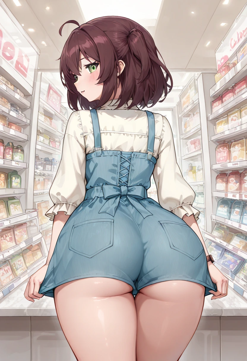 Solo female, chubby woman, plump, standing on sidewalk, looking through bakery window, storefront, sweater, skirt, thigh high socks, from behind