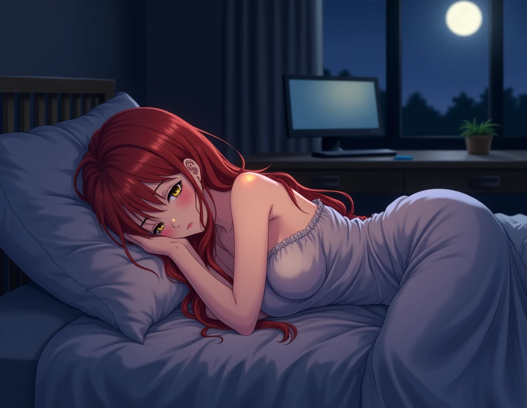 sleeping girl,20 yrs,lying down,She wears sexy pajamas,lifelike,Maroon hair,Half a chest,from the side,night,It was drizzling outside the window,4k,high quality