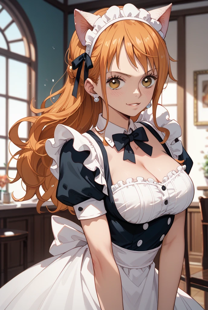 (masterpiece:1.2, top-quality), (realistic, photorealistic:1.4), beautiful illustration, (natural side lighting, movie lighting), nsfw, 
looking at viewer, 1 girl, japanese, high school girl, perfect face, cute and symmetrical face, shiny skin, 
(middle hair:1.5, twintails:1.2, orange hair), blunt bangs, gold eyes, drooping eyes, long eye lasher, (large breasts:0.6), 
beautiful hair, beautiful face, beautiful detailed eyes, beautiful clavicle, beautiful body, beautiful chest, beautiful thighs, beautiful legs, 
((french maid)), 
(beautiful scenery), akiba, maid cafe, modern, standing, (lovely smile, upper eyes), 