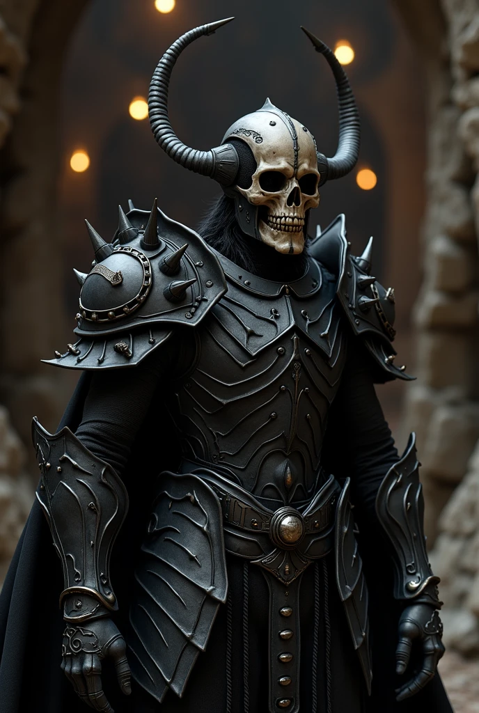 Black iron armor with silver ornaments, shoulder pads of a human skull with horns, helmet of a human skull with long, sharp canine teeth