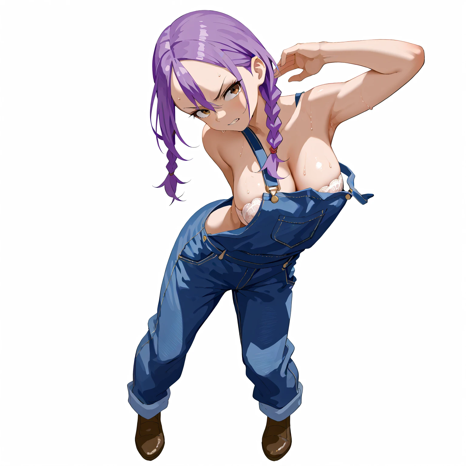 masterpiece, bestquality, ultra-detailed,
middle ages, medieval times, Medieval European fantasy,
flat design, ligne claire, (photorealistic:1.5),
cinematic lighting, depth of field,
(1girl, fullbody, looking at viewer, front view:1.5),
(very long high ponytail, Long hair ponytail that touches your feet, japanese, thick eyebrows, Navy purple ninja uniform, sarashi, fundoshi, ninja mask, Fishnet tights, Fishnet body tights, black hair, Yamato Nadeshiko girl, bangs bangs, Cool beauty girl, angry eyes, Cold eyes, Half open eyes, half-closed eyes, Tight Mouth, wide mouth:1.3),
(gigantic saggy breasts:1.3), Clothes that are completely stuck to the chest, impossible clothes, Impossible clothing with perfectly shaped extremely gigantic puffy nipples, pawg, (thin thighs:1.7), thick calf, (slender body:1.6), thin waist, milf, mature woman, puffy lip, lewd body,
standing contrapposto pose, spread legs, Hands on hips,
(Wear warm clothes, tight-fitting fishnets body tights, tight-fitting Fishnet Knee socks,Navy purple very low rise Distressed small denim pants:1.5),
high waist T-back, low rise hot pants, Whale tail, low rise T-back, hot pants, highleg panties, high leg panties g-strings , high leg panties thong, micro Bikini g-strings, micro bikini thong,
SFW Clothing,
(white background:1.4),