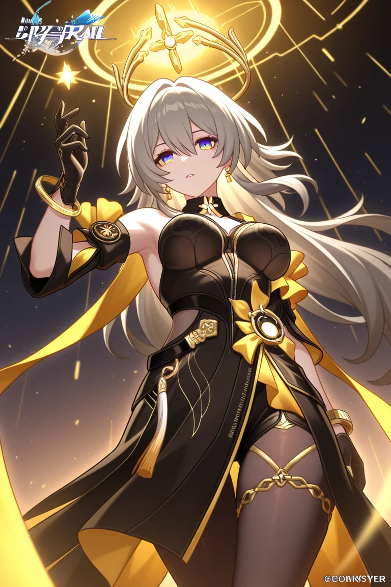 Woman, wearing the left side of the shirt which is black and has a crescent moon pattern and the right side is gold with a golden sun pattern, her left hand holds a dark purple black ball And resembling a black hole, the right hand holds a golden ball with a single eye pattern emitting golden light, Ying and yang. Hair is white on the left side and black on the right side.HD lighting and dark )<=(epic image quality)dark atmosphere with bright particle light(many effects in background)