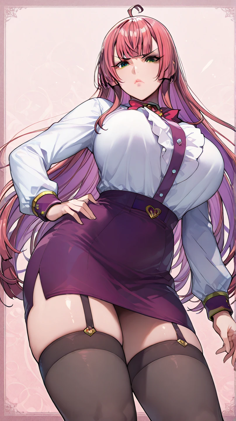 Perfect body, perfect eyes, perfect hands, 1woman, long curly pink hair, red beret, bimbo makeup, blue eyes, pink lipstick, happy face, yellow necklace, clothing, white button-up shirt, pink tie, pink mini skirt, long white stockings, pink heels, pink bag, pink cellphone on the hand, big breasts, big ass, girl bed room background