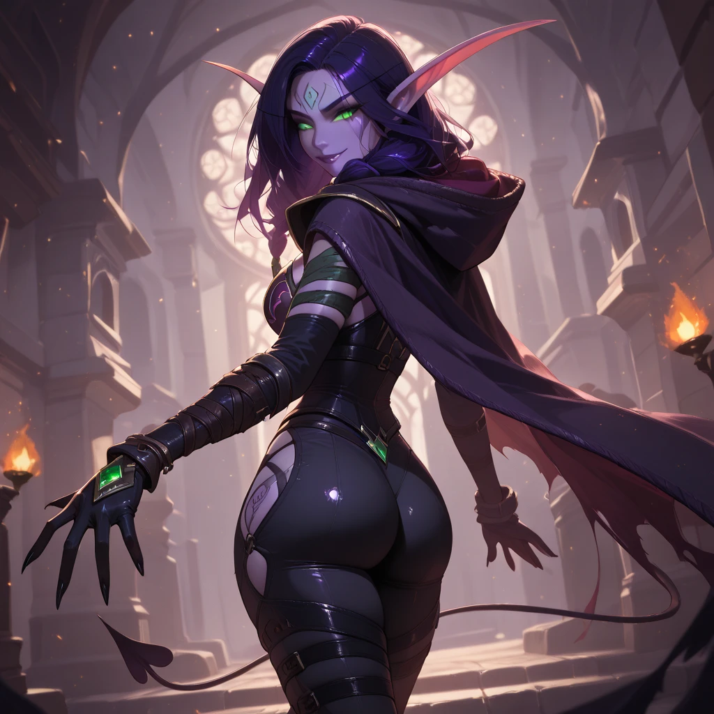 An (African-American) female, with long dark (black braids), purple eyes, dark (brown skin), (pointed ears), (slutty assassin), (sexy) black attire, (lust) demon, (Sci-fi) fantasy, (rear shot), perfect composition, 4K, high quality, (perfect eyes), trending art, sharp focus, studio photo, (Booty) pose