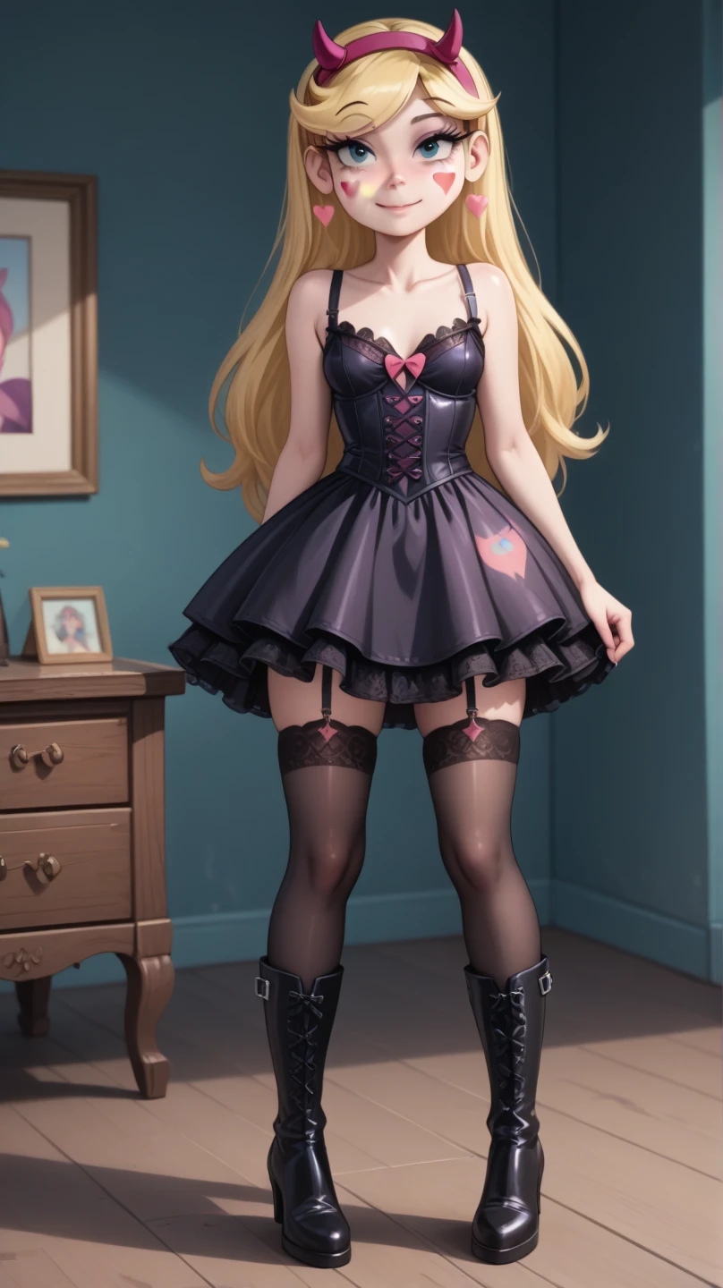 (best quality, highres, masterpiece:1.2),30 year old woman, gothic style, black eyeliner, black lipstick, pale skin, blonde hair, French, wearing red velvet corset, black leather mini skirt, fishnet stockings, black boots, background: gothic style room, night light, moonlight,