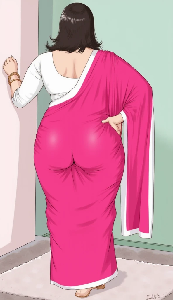 2females, two indian teenage girls, two girls, black hair, hair tied in braids, hairbangs, wearing glasses, skinny body, dark skin, relieved faces, pink saree, bend over, both girls farting, two girls fart, letting out fart, massive fart, yellow smoke rising, bend over, viewing ass, near a hut