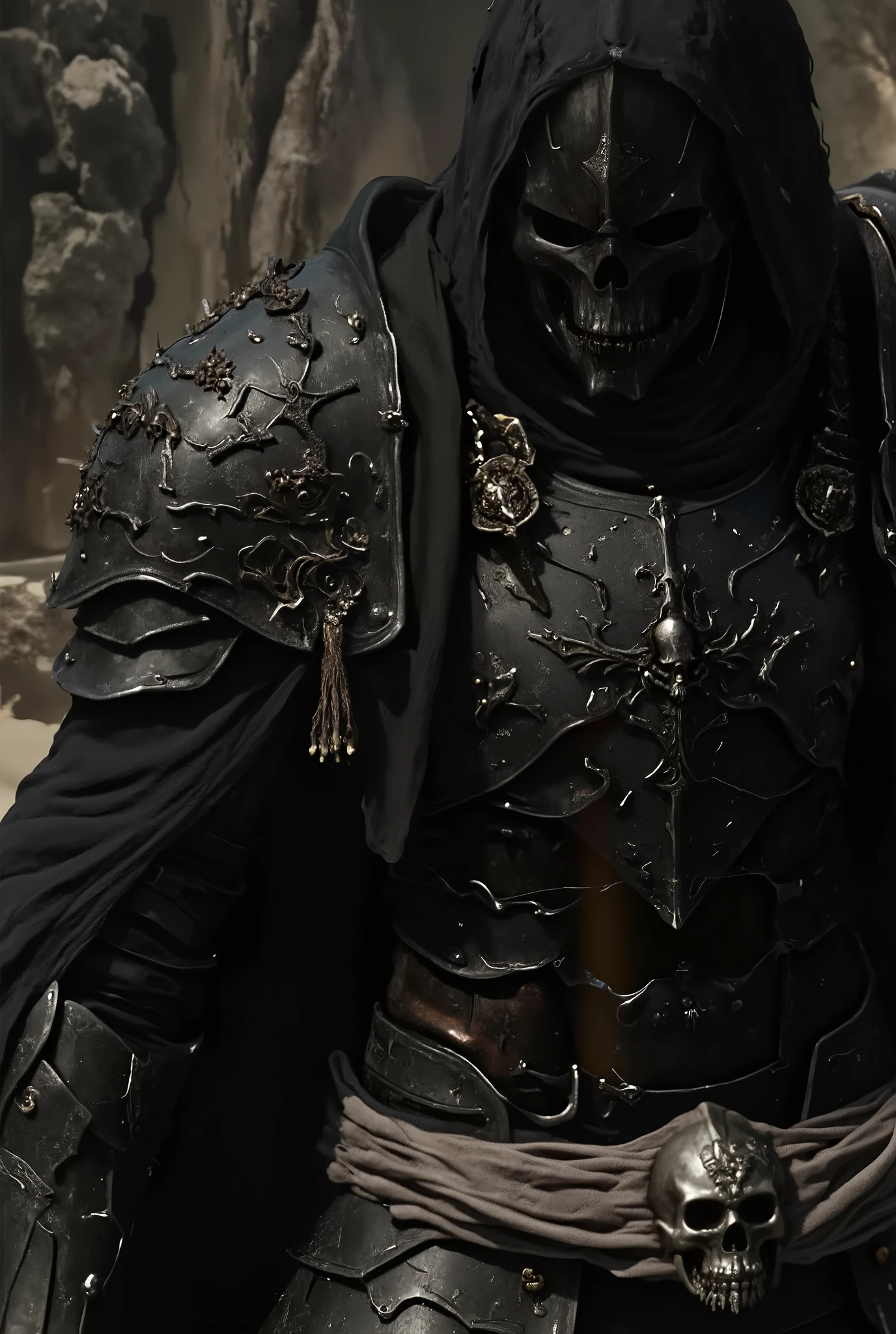a man in black armor with a skull helmet, gunmetal ornamentation, highly detailed action photograph, extreme intricate detail, dynamic pose cinematic dramatic lighting, moody dark fantasy atmosphere, epic heroic pose, photorealistic, 8K, HDR, physically-based rendering, sharp focus, intricate details, dramatic chiaroscuro, dark color palette, muted tones, haunting gothic aesthetic