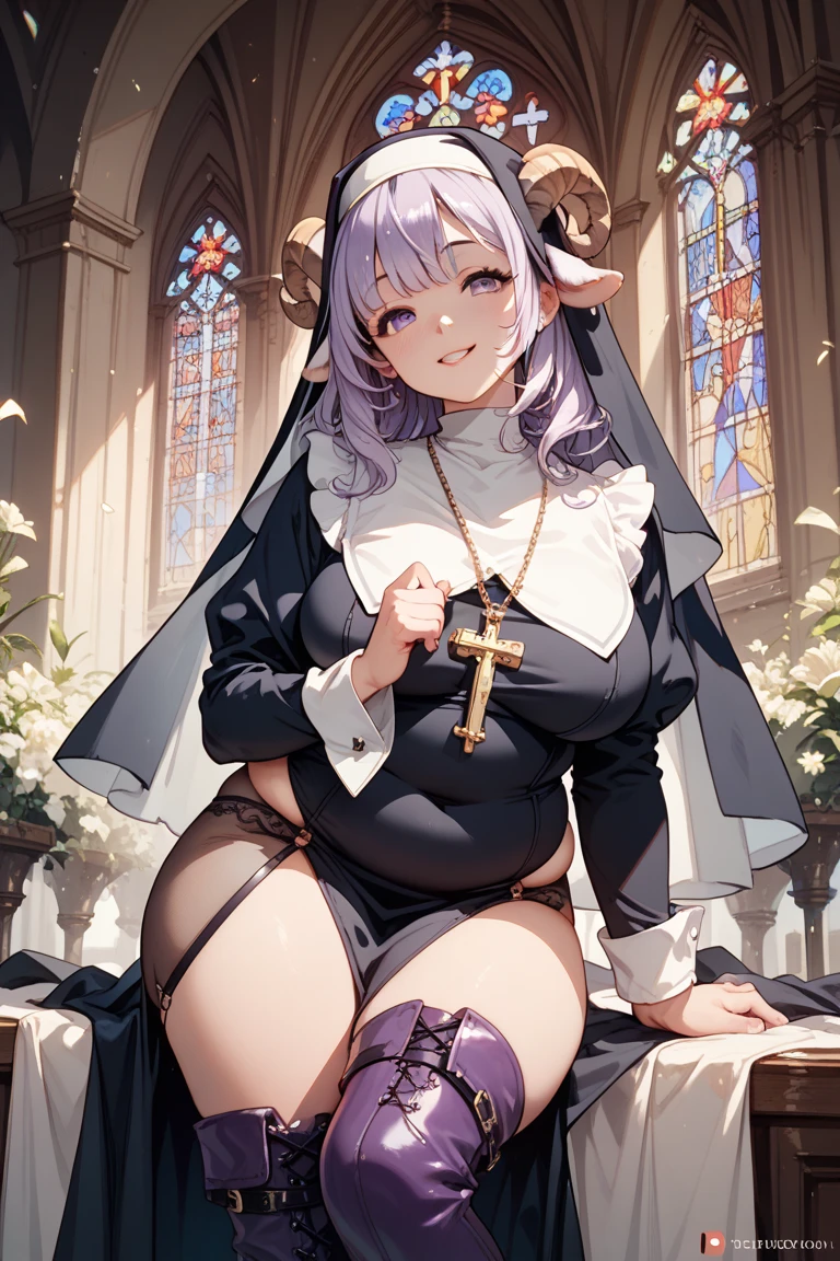 score_9, score_8_up, masterpiece, best quality, 4k, amazing aestethics, 1girl, shortie, cute, anime style, solo, (ruanyi0453, black lingerie, fishnets, lace-trimmed legwear, nun, platform boots, veil,  elbow long black gloves), cleavage exposed, blush, short hair, hair covering eyes, eyes no visible, bangs, wearing black chocker, cat smile, visible fang, purple hair, purple cat ears, purple cat tail, church indoors, candles, blurry background, cowboy shoot:1.3, (detailed background)