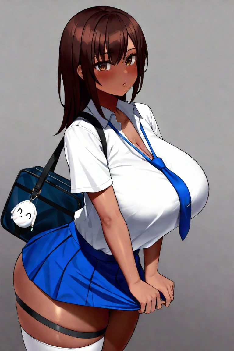 1girl, ((dark blue inside with brown hair outside inverted bob haircut, dark blue inverted bob hairstyle, dark blue eyes)), (((extremely busty, extremely wide hips, extremely big ass))), slightly tan skin, (wearing Japanese white high school with white skirt and blue tie, wearing dark blue stockings, wearing brown loafers, wearing white panties), looking at viewers, slightly cloudy, sunset sky, slightly cloudy, on bottom of flight of stairs, park background, ((school brown satchel hanging on right shoulder)), shaking lines around breasts and ass, hands grabbing breasts, surprised face, surprised expression,