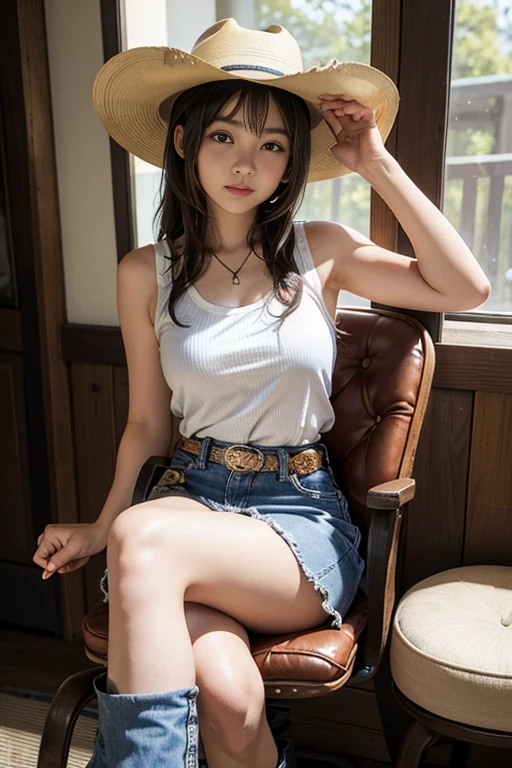 There is a woman sitting on a chair，A hat on his head, wearing a camisole and boots,S large chest， revcowgirl, various poses shooting photos, advertisement picture, western cowgirl, with straw hat, lulu chen, xintong chen, magazine photograph, photoshoot, wenfei ye, editorial photo from magazine, sakimichan, Magazine photo shoot, magazine photoshoot