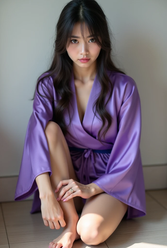 (8k、RAW Photos、Highest quality、masterpiece:1.2)、((Purple Lingerie、pubic hair、smile、Night view:1.3))、(Realistic、Realistic)、((Very flat chest、Are thin、Bathrobes:1.2))、1 girl、((morning、sunlight、 Hotel Bedroom、bed、Lie、ear))