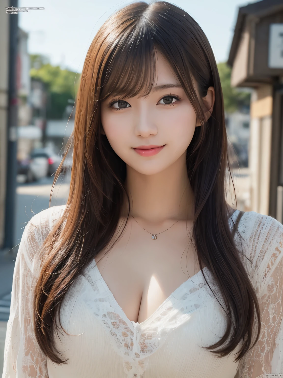 Highest quality, Face Focus, Soft Light, Ultra-high resolution, (Realistic:1.4), RAW Photos, 1 Japanese girl, alone, cute, (A shy smile:0.5), (Brown eyes, Light in your eyes), Beautiful face in every detail, (Small box),(High resolution detail of human skin texture), Long Hair), break,Upper Body、kimono、Cleavage