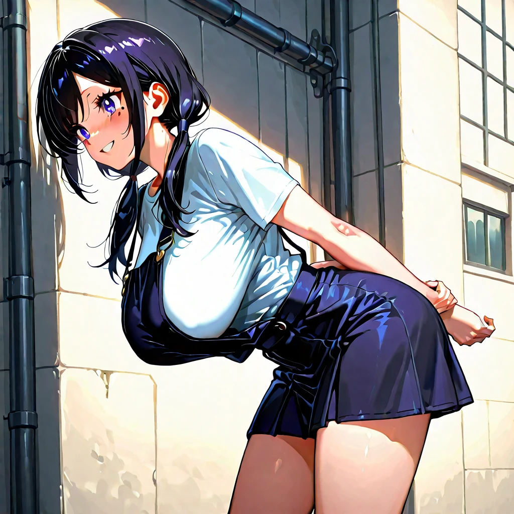 shirase sakuya,Denim shorts,Black thigh-high boots,White shirt with rolled up sleeves,Slender and sexy woman,Black Hair,short hair,boyish,Restrained with duct tape,Torso restraint,Restraining both legs,Sweat,Are standing,