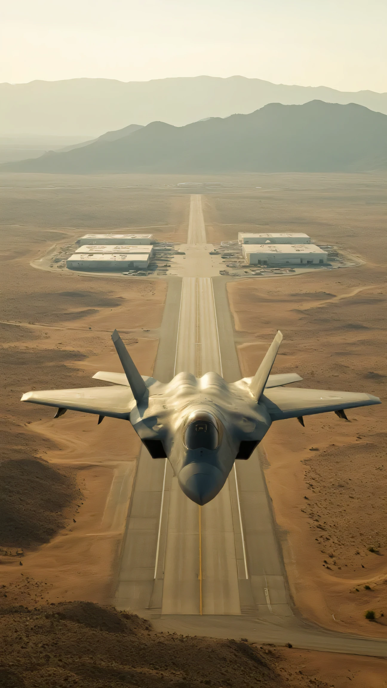 Send high-definition images、ネバダ州のグルームレイク空軍基地、通称エリア51のSend high-definition images、F-22 Raptor、View from、The long runway and hangar are visible {x} passes over it。