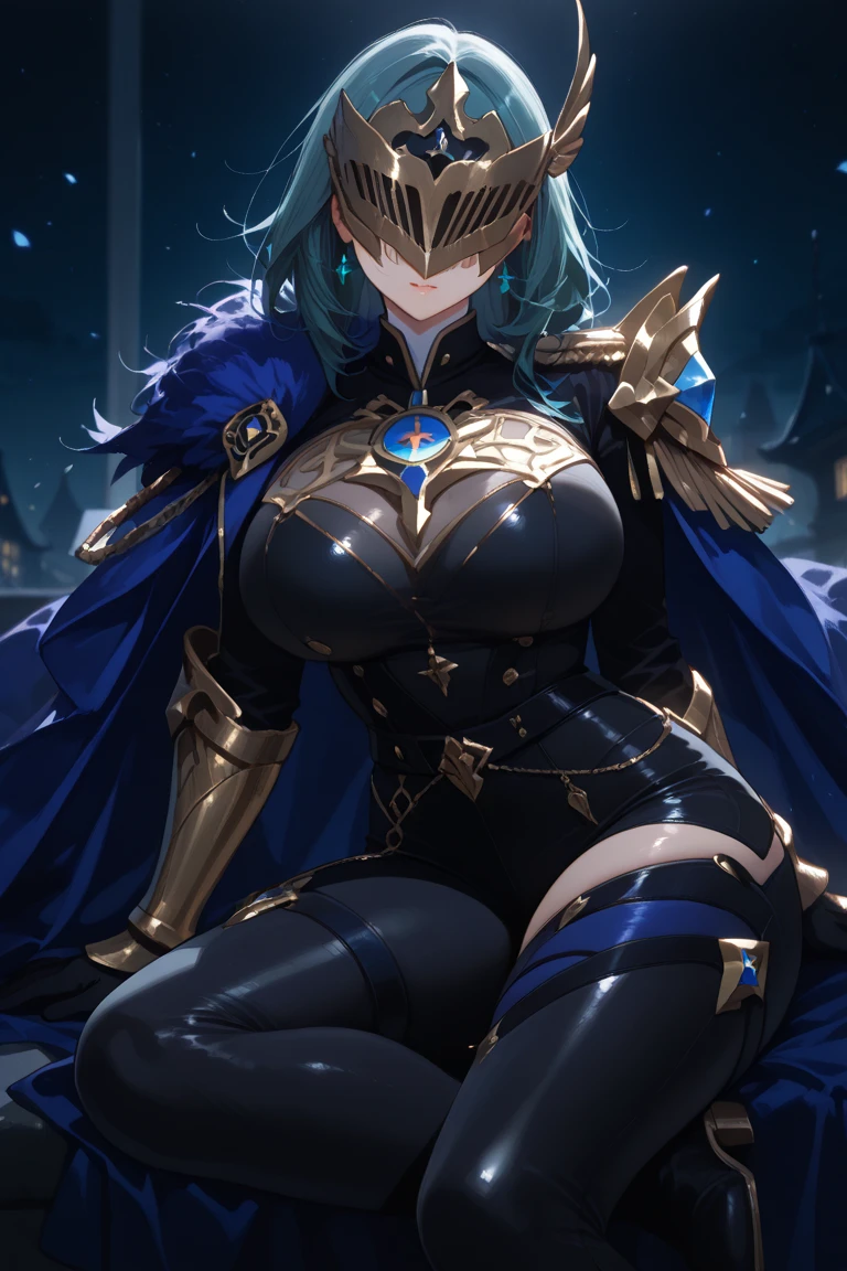 Masterpiece, Best Quality, Extra Detail, 1girl, armor, golden armored boots, bangs, black gloves, black hair, black leotard, black thighhighs, blue eyes, boots, breasts, cape, cleavage, closed mouth, covered navel, earth \(planet\), elbow gloves, full body, golden gauntlets, full gloves, greaves, groin, highleg, highleg leotard, perfect body, perfect breasts, leotard, long hair, looking at viewer, moon, pauldrons, planet, shiny, shiny clothes, golden shoulder armor, smile, solo, space, standing, star \(sky\), thighhighs, thighs, head wings, stern look, clenched hands