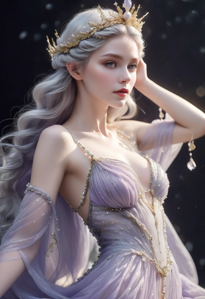 "A breathtakingly beautiful goddess with long, wavy silver hair, bright amethyst eyes, flawless porcelain skin, an elegant sheer flowing dress, a golden tiara with intricate details, in an enchanted misty forest. Highly detailed digital painting, octane render, soft cinematic lighting, ethereal dreamy atmosphere, artstation trending."