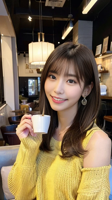 (Lifelike, A high resolution:1.3),Super fine face and eyes,1 Woman drinking coffee, Cafe, Smile, half body,
