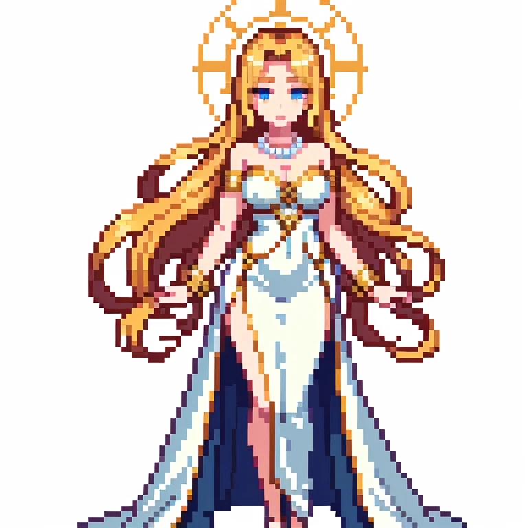 very tall woman,very big woman,gigantic woman,very muscle,{{long legs}},devil,barefoot,{{muscular}},{{gigantic breasts}} ,{{curvy}} , ,masterpiece , best quality , pixel art , 1 girl ,{full body},voluptuous,brown skin,twintails,blonde hair ,white dress,white background