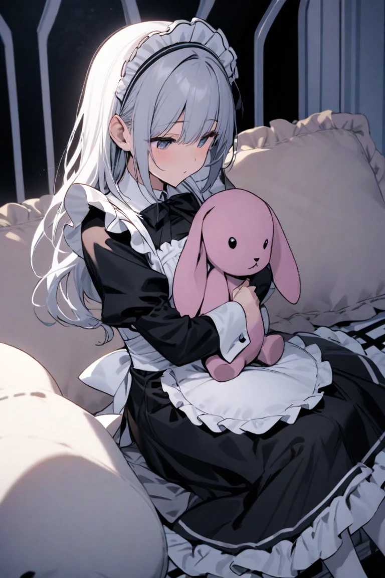 <lora:Irisu:0.8>, irisu, 1girl, solo, grey hair, green eyes, rabbit ears, short hair, maid, maid headdress, maid apron, dakimakura \(object\), pillow hug, drooling, female pervert, sitting, wariza, blush, masterpiece, best quality,