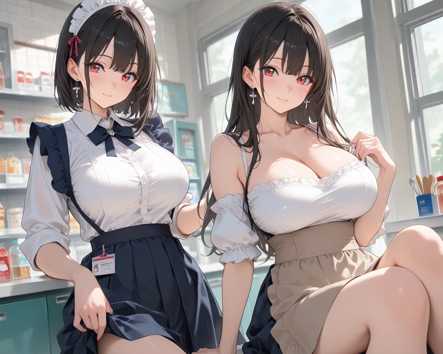 ((ultra-quality)), (in 8K), 2women(different hair style), (different eye color), ultla highres, Hyper Detailed, High contrast, Ultrafine Strike, creative refinement, absurdres, Realistic, extremely detailed CG unified 8k wallpaper, Highly detailed, High-definition raw color photos, professional photograpy, Realistic portrait, Cinematic Light, Beautiful detailed, 27 years old woman, ((Best quality, 8k, Masterpiece: 1.3)), Slim abdomen, ((Layered haircut, Large breasts: 1.2)), (no bra), (Sheer nipples:1.1), (Sheer areola:1.1), (breasts are covered with backless apron:1.2), (smooth stomach), , Highly detailed face and skin texture, (realistic skin:1.5), (shiny skin), (oily skin), (Best Quality:1.4), Super Detail, High quality, master piece, lifelike, Perfect face, Silly, (arms behind back:1.5), (Sharp Focus), (upper body), (close up), Delicate Beautiful Hair and Eyes and Face, Delicate eyes, radiant eyes, Lifelike, Hyper-detailing, (colossal breasts:1.6), (Big breasts:1.5), (Beautiful breasts:1.3), (arms behind back), (arms are down), (smooth stomach), (smooth side hip), Beautiful cute woman, camel-toe details, SFW, slim body, in the kitchen