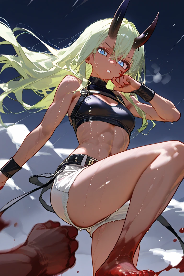 Yamato, open-toe heels, white crop-top, short shorts, cleavage, black lipstick, black eyeliner, black nails, dirt road, countryside, angry, crying, spiked collar, spiked wrist bracelets, leash on collar, spiked ankle bracelets, wrists tied up, ripped clothes, blushing