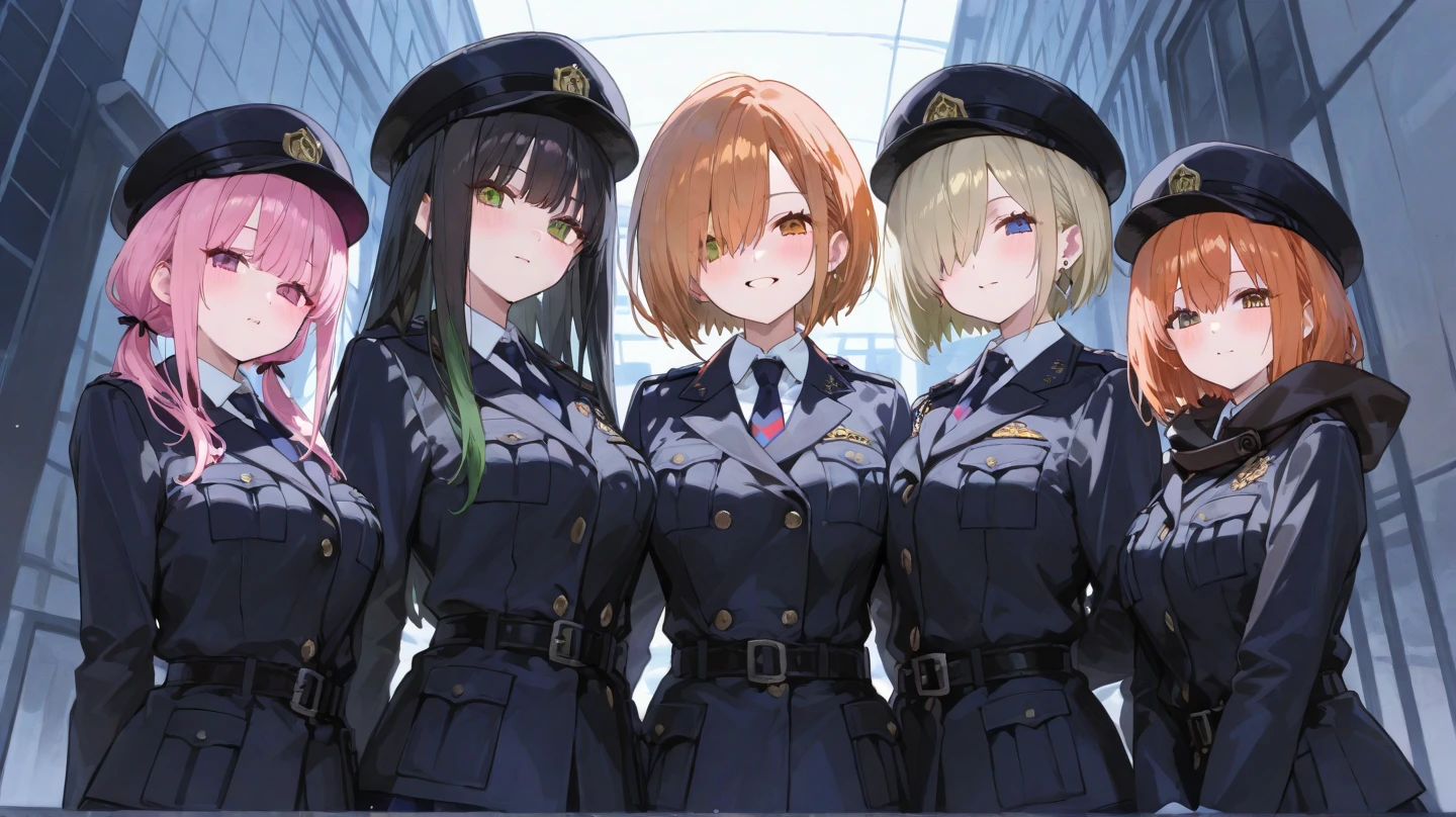 Sing，Look straight ahead，cap， Camouflage cap，multiple persons， pupils， Fatigues， college student， schoolyard， animesexy， super-detail， high qulity， high detailled， award wining， best qulaity， high - resolution， Ultra HDR， The Masterpiece， retinas， ccurate， anatomicaly correct， Textured skin，Three people，3 girls，best possible quality，Highest detail，Correct anatomy，Good composition，Military posture，Neat and uniform posture，The head-to-body ratio is correct